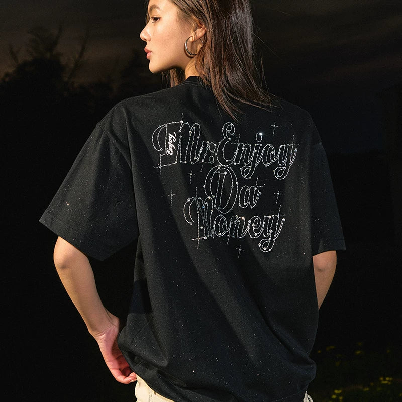 MEDM26SS Starry Sky Letter Diamond Technology Flash Point Fabric Short Sleeve Men's American Retro Leisure Summer T-shirt Women