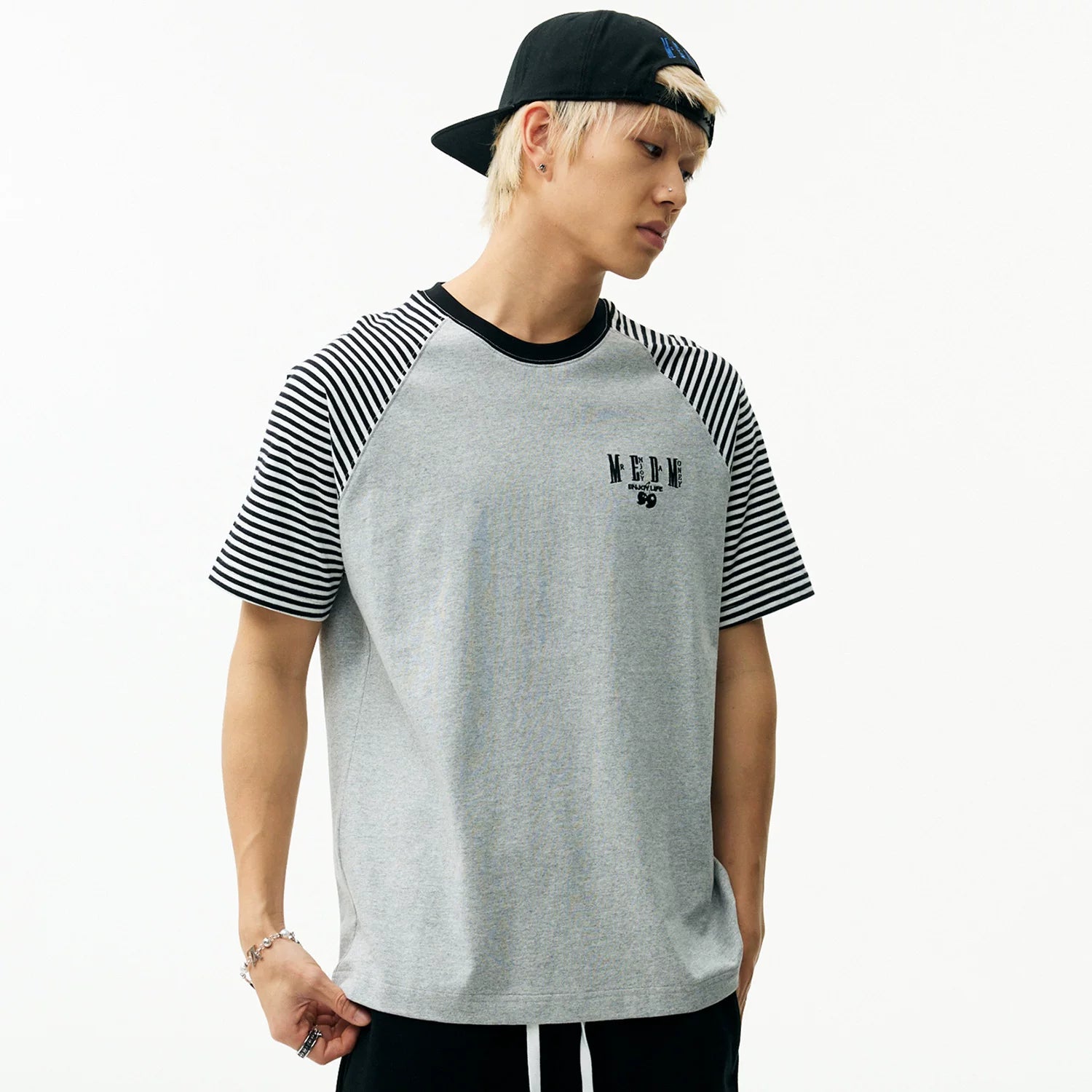 MEDM Basic Stripe Splicing Shoulder Sleeve Casual T-shirt Summer American Retro Logo Embroidered Loose Short Sleeve Men