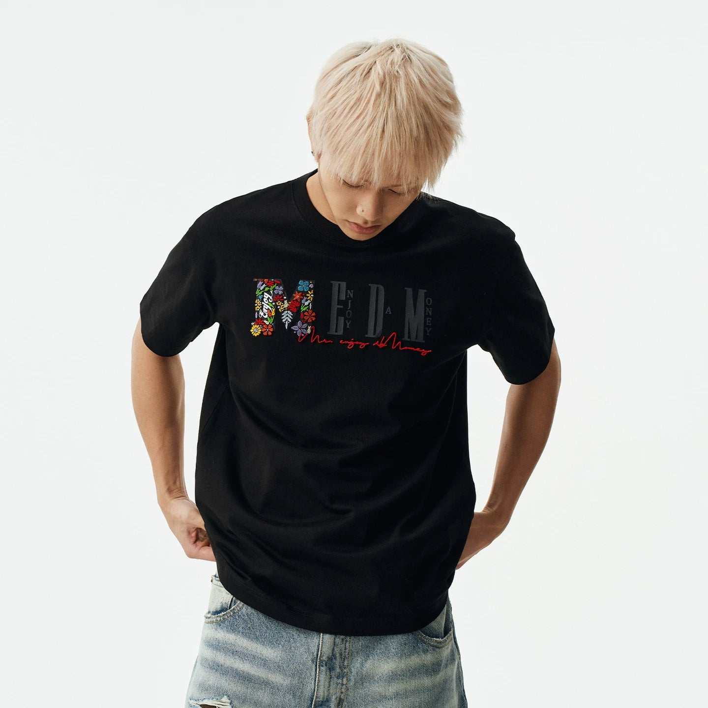 MEDM summer colorful logo toothbrush embroidery breathable casual round neck T-shirt commuting basic versatile loose short sleeved summer