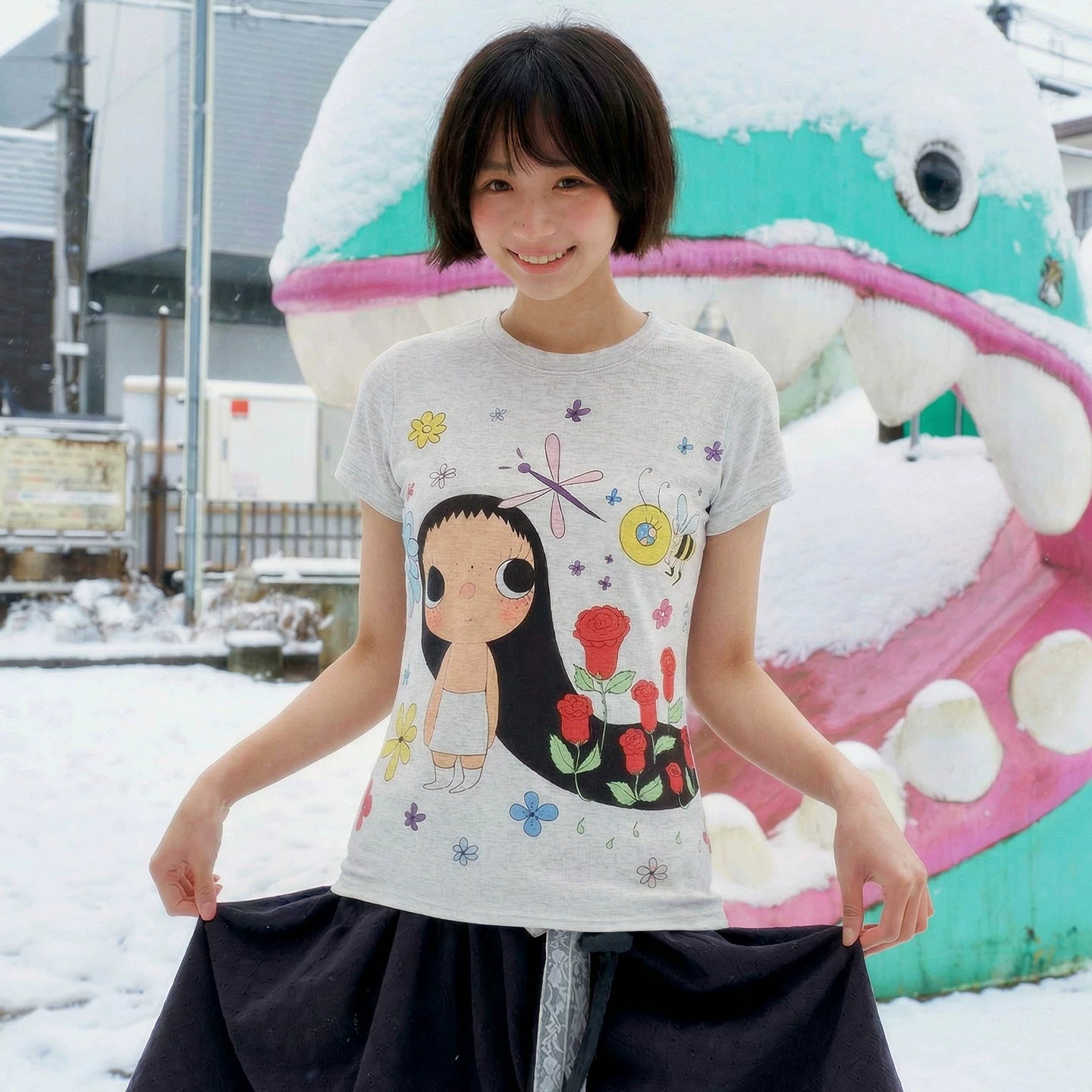 MEDM × YUY Jade Collaboration - Large Pattern Printed Women's Casual Round Neck Short Sleeve Commuter Cute Style Versatile T-shirt