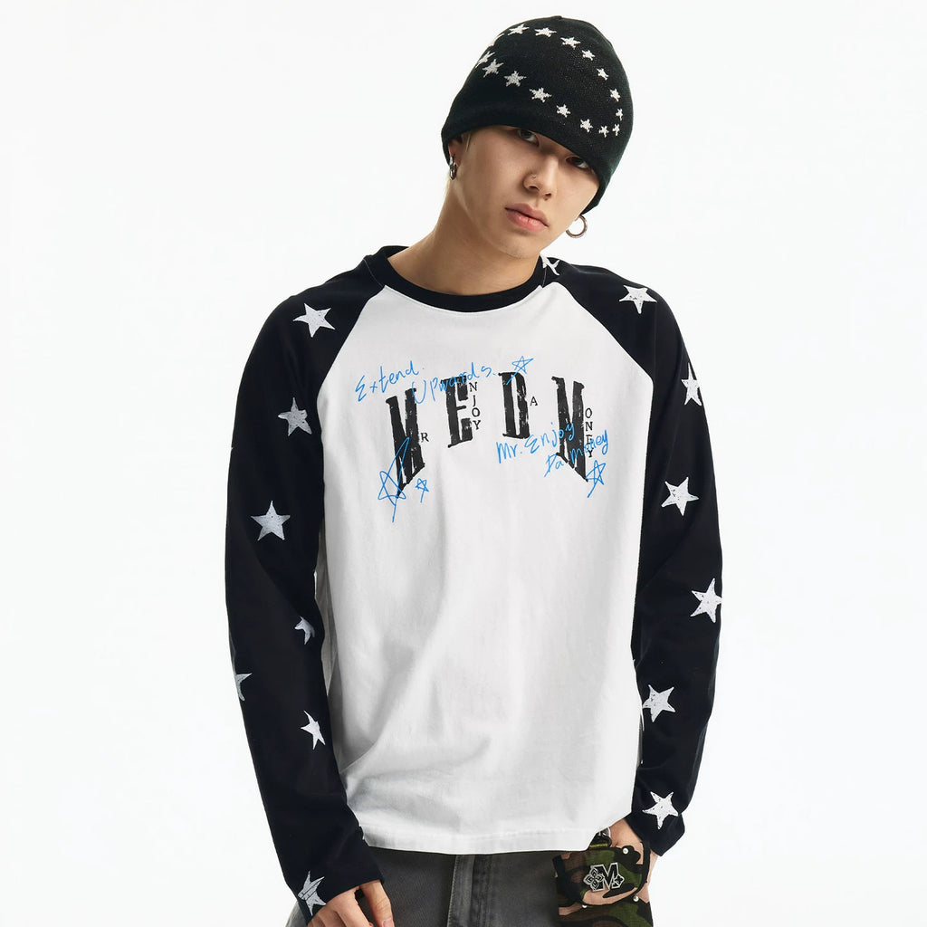 MEDM Handwritten Graffiti Printed Stars Full Print Casual Shoulder Long Sleeve T-shirt Trendy Unisex Loose Top