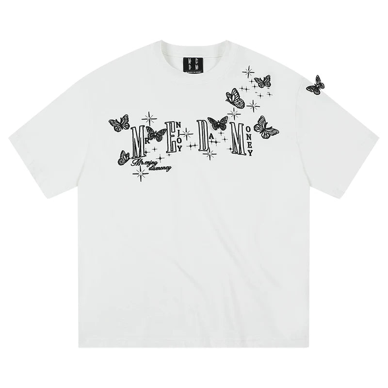 MEDM American style short sleeved T-shirt with lace butterfly design, unisex summer T-shirt, trendy brand style round neck short sleeved shirt