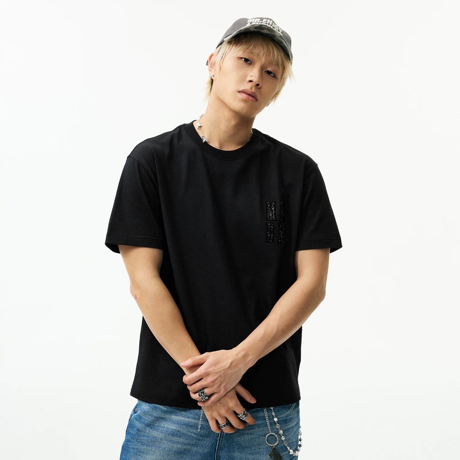MEDM 3D rhinestone four letter casual micro silhouette short sleeved trendy simple and versatile heavyweight pure cotton T-shirt for men and women