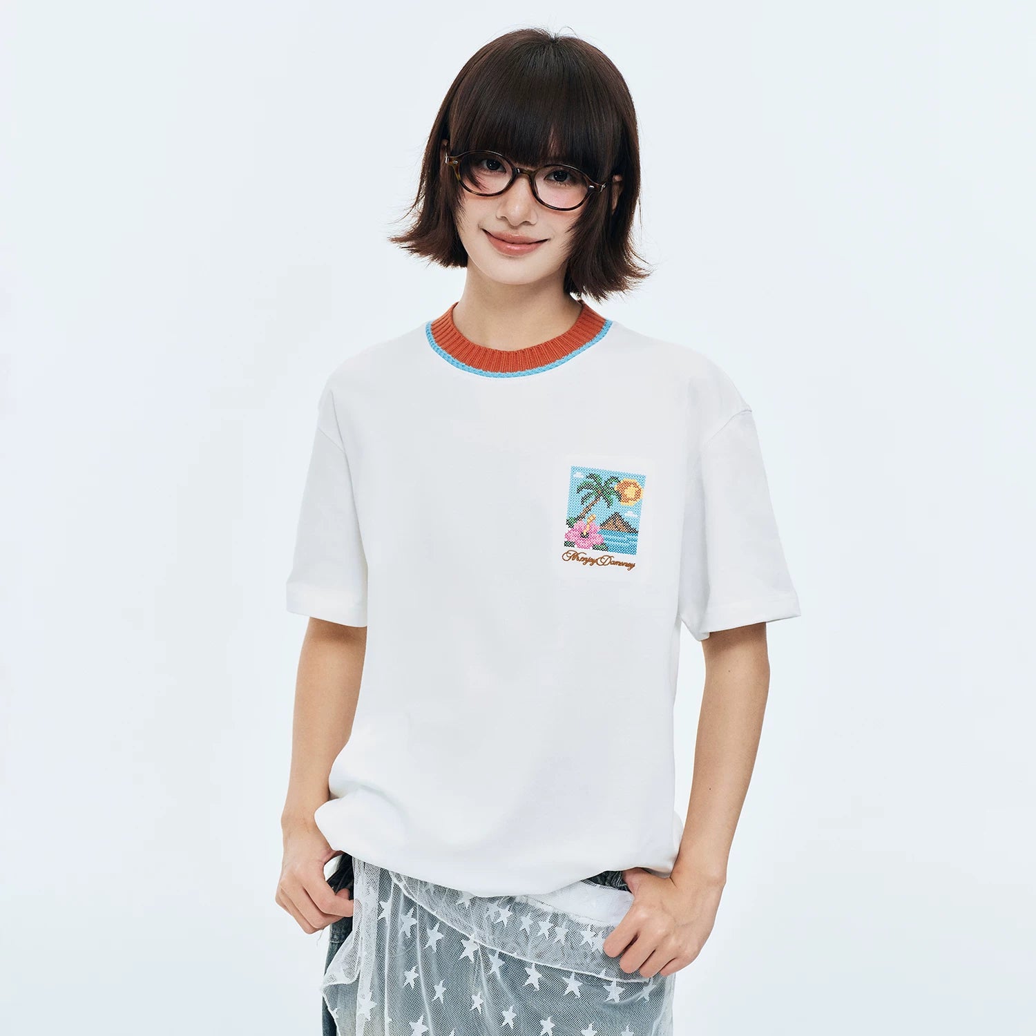 MEDM color blocking patchwork knit collar beach cross embroidery casual short sleeved retro three-dimensional embroidery loose T-shirt for men and women