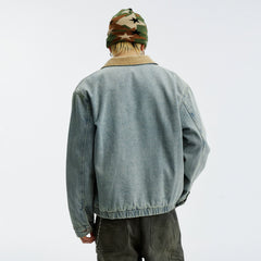 MEDM minimalist denim patchwork corduroy casual jacket for autumn and winter, washed and worn blue men's and women's collar jacket