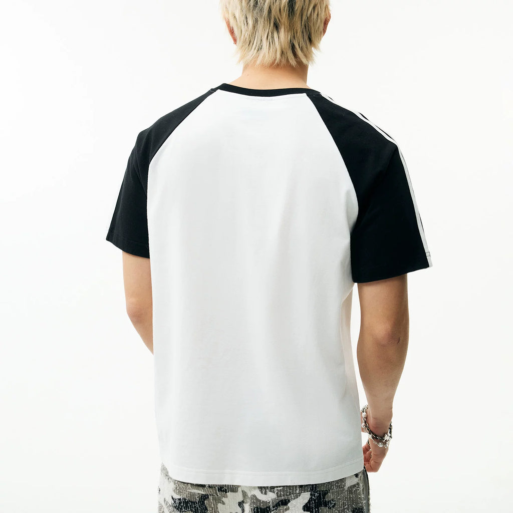 MEDM contrasting graffiti raglan sleeve striped casual T-shirt American street retro ribbed round neck couple short sleeved summer