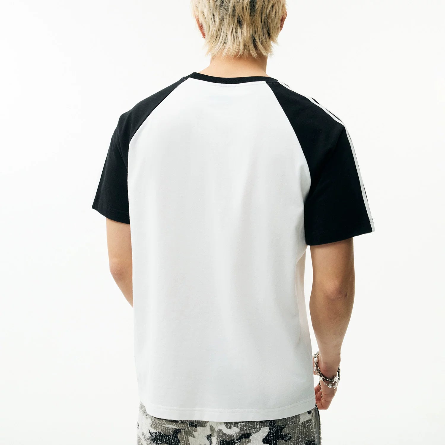 MEDM contrasting graffiti raglan sleeve striped casual T-shirt American street retro ribbed round neck couple short sleeved summer