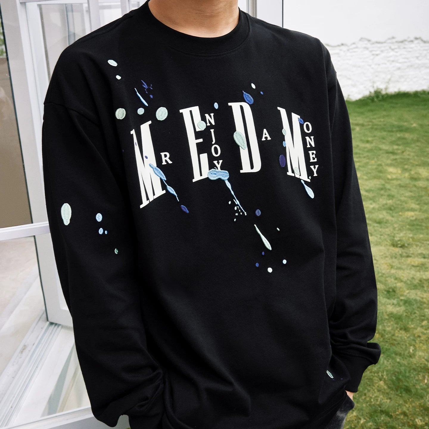 MEDM paint splatter embroidery print casual round neck long sleeved T-shirt American versatile breathable comfortable couple top