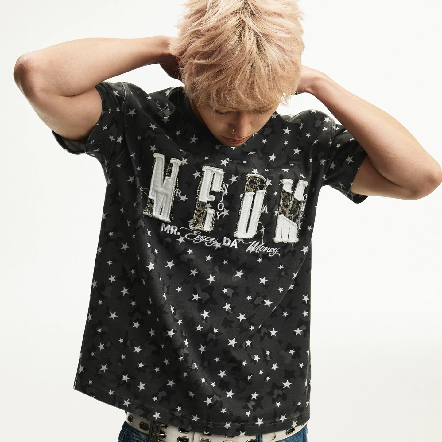 MEDM camouflage leopard print star full print sticker logo casual round neck short sleeved trendy men's and women's loose T-shirt summer