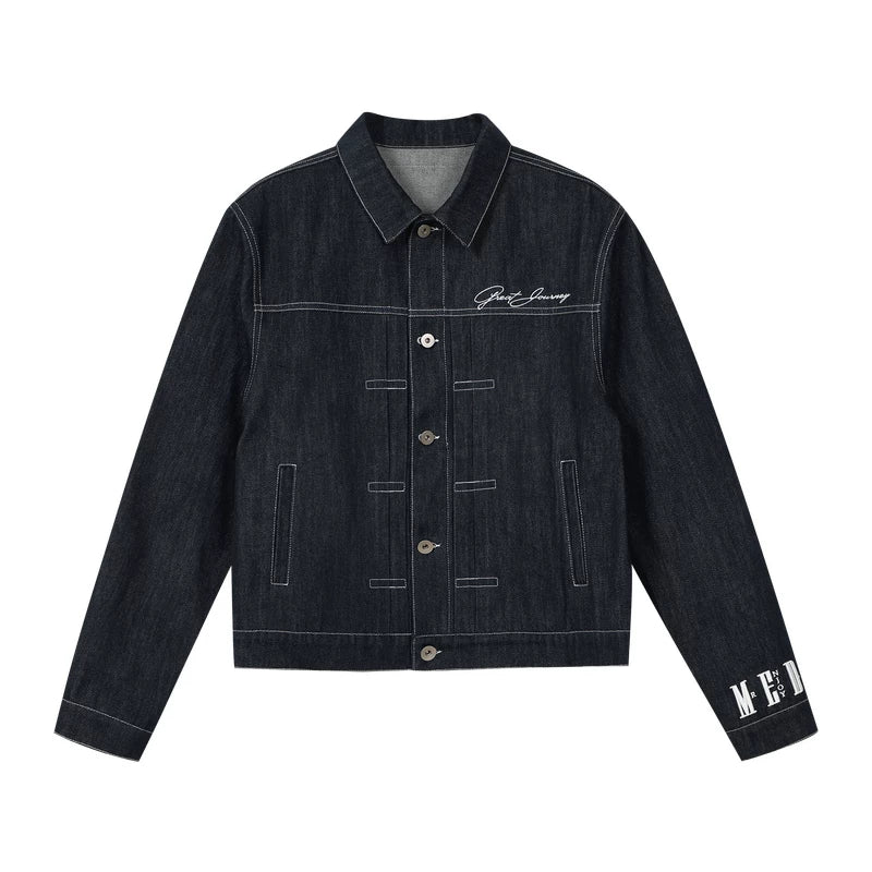 MEDM Original Cow Basic Set Cuff Letter Embroidered Casual Coat Trendy Loose Collar Denim Jacket for Men