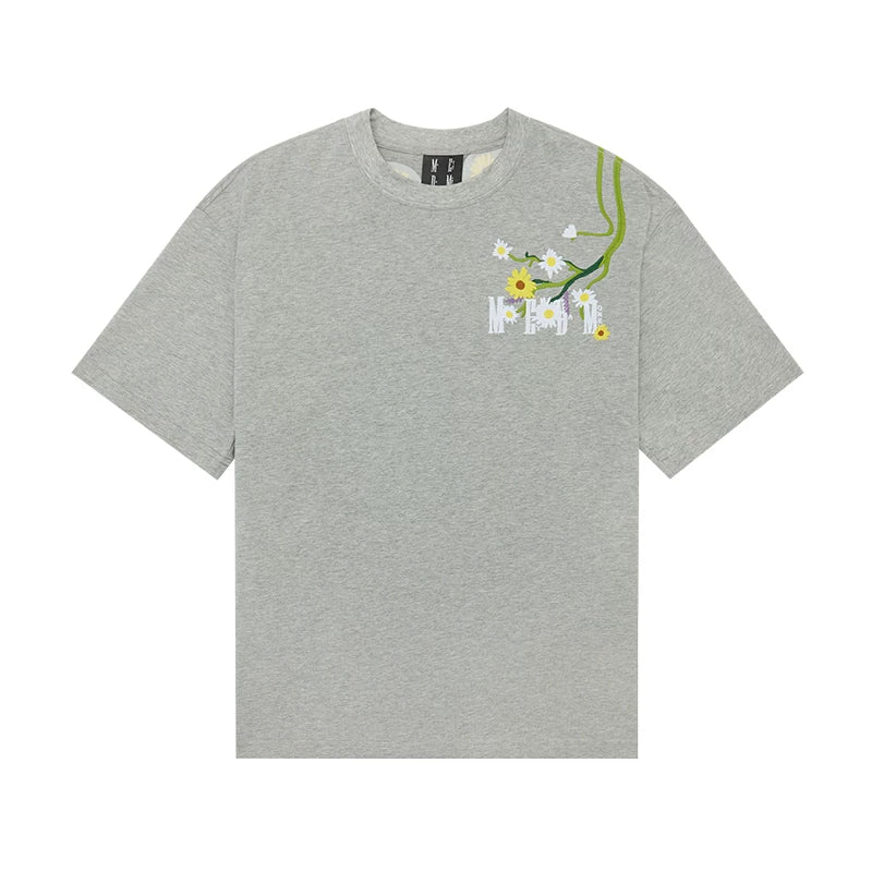 MEDM Wall Climbing Flower Daisy Embroidery Short Sleeve T-shirt for Men's Summer Trendy Brand American Hip Hop Loose Casual T-shirt