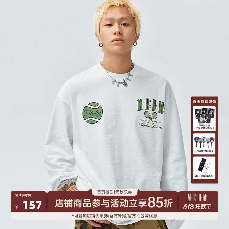 MEDM25SS Tennis Series Bamboo Cotton Long Sleeve T-shirt for Men and Women, American Hip Hop Casual T-shirt for Spring and Autumn