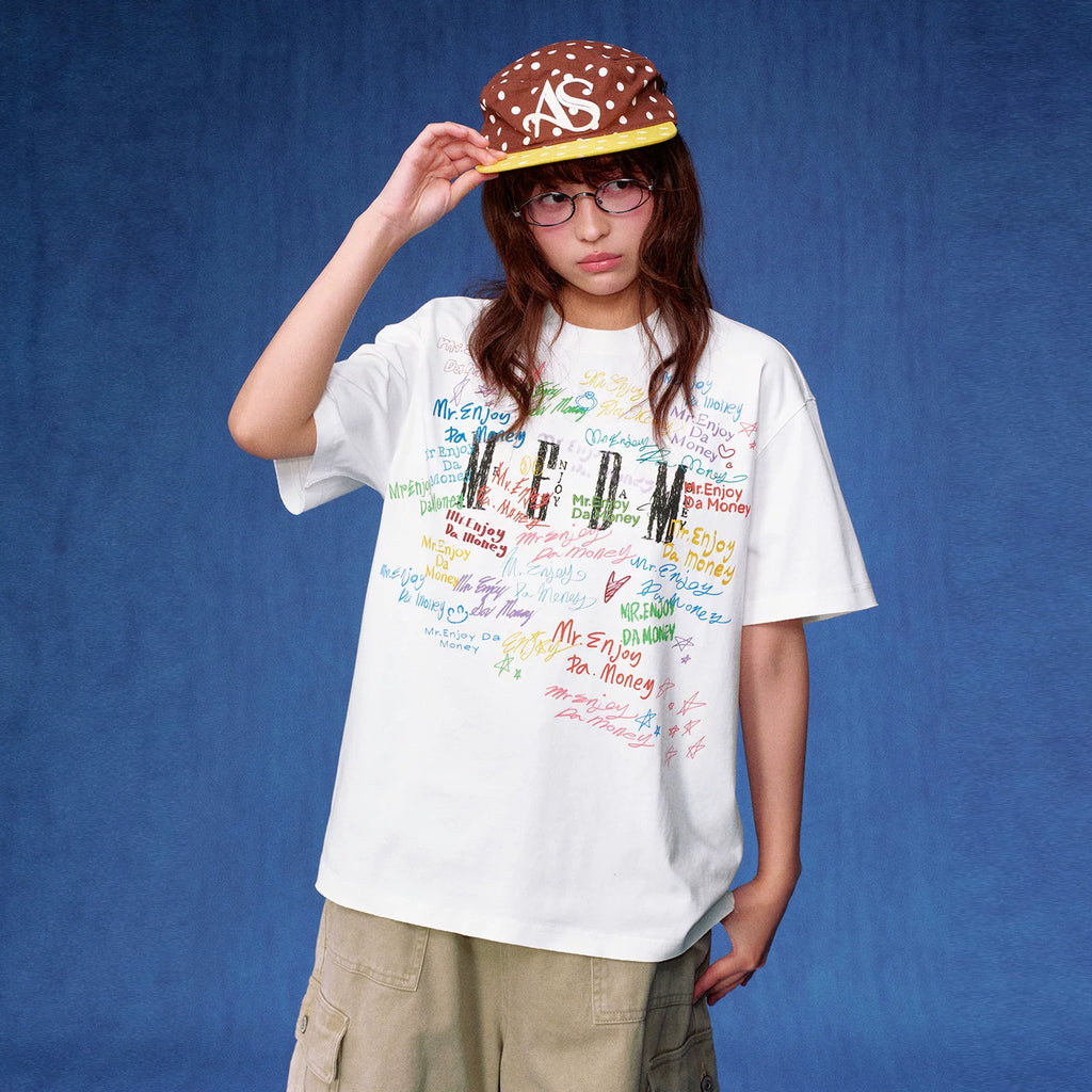 MEDM font graffiti print sunscreen UPF40+casual short sleeved American street loose round neck couple T-shirt summer