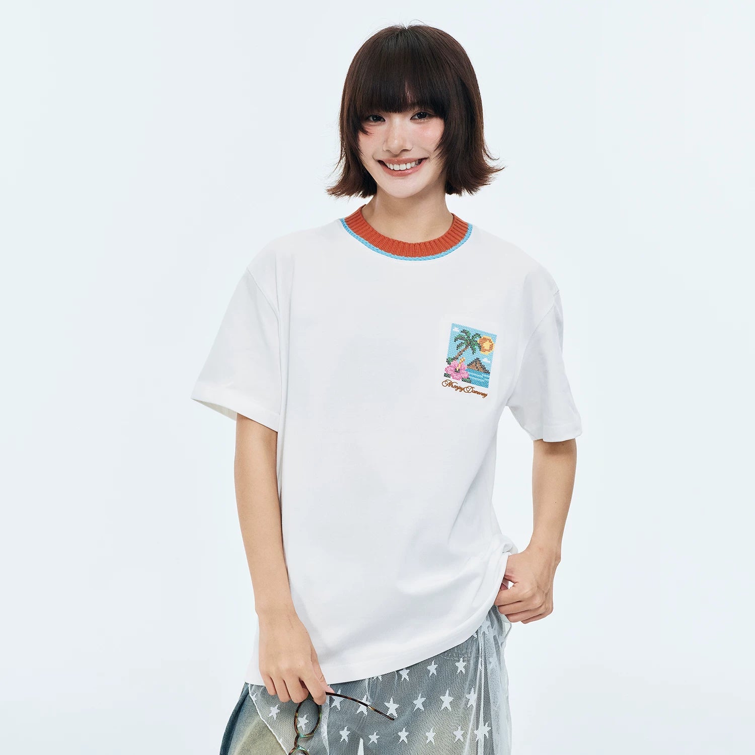 MEDM color blocking patchwork knit collar beach cross embroidery casual short sleeved retro three-dimensional embroidery loose T-shirt for men and women