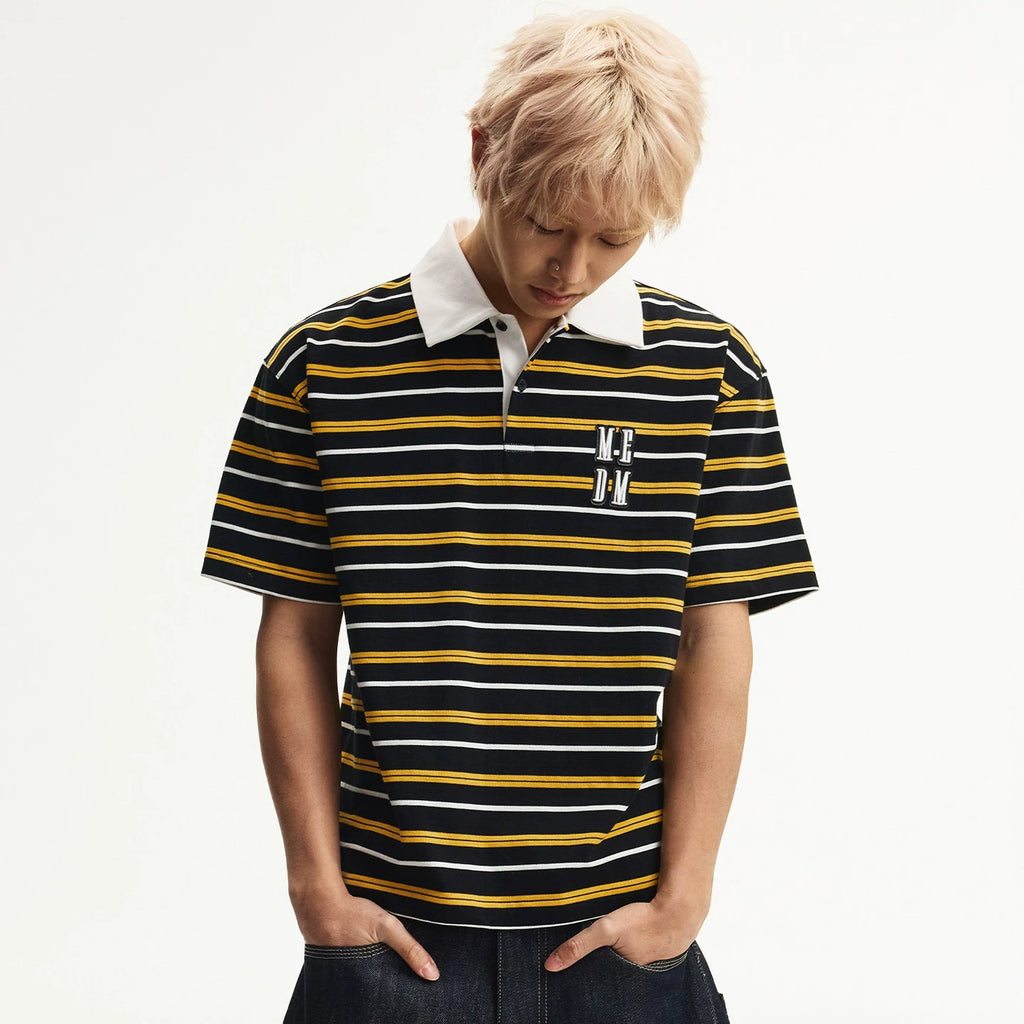 MEDM color blocked striped polo three-dimensional shell embroidery casual round neck short sleeved classic design loose couple T-shirt