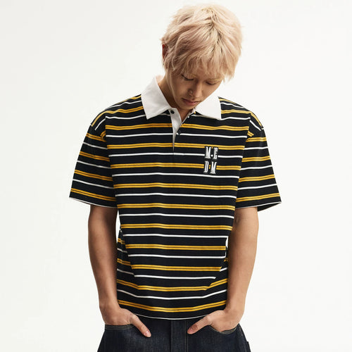 MEDM color blocked striped polo three-dimensional shell embroidery casual round neck short sleeved classic design loose couple T-shirt
