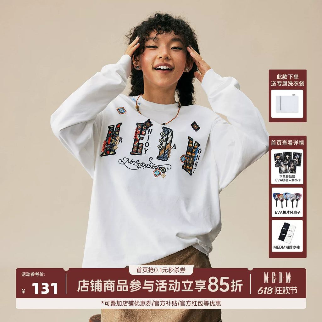 MEDM2025 new product ethnic style small fragrance patch fabric casual long sleeved T-shirt pure cotton round neck couple base shirt top