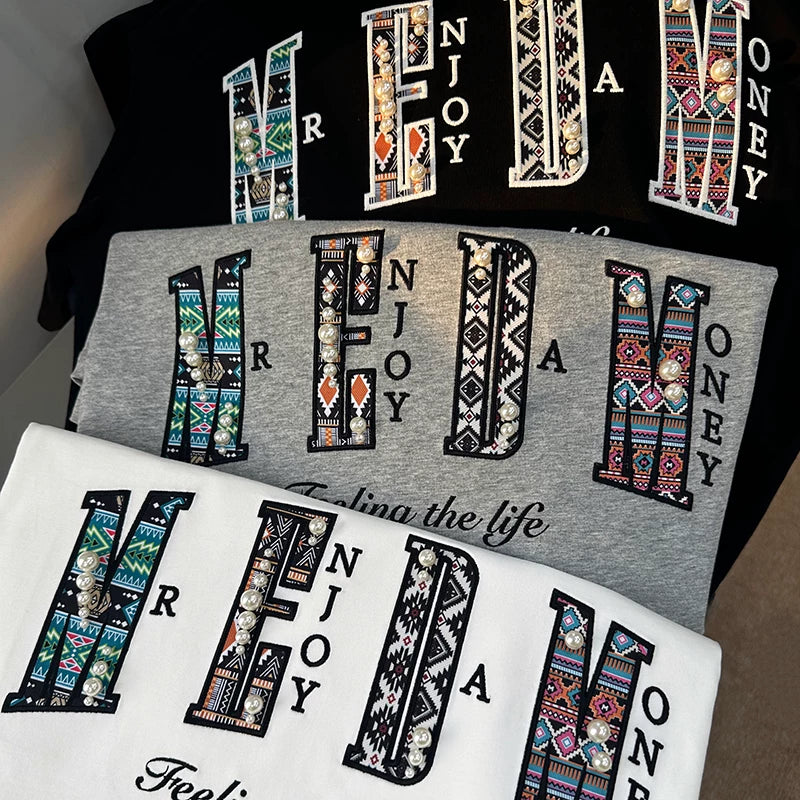 MEDM26SS pearl ethnic style design short sleeved unisex half sleeved tee round neck summer trendy T-shirt top