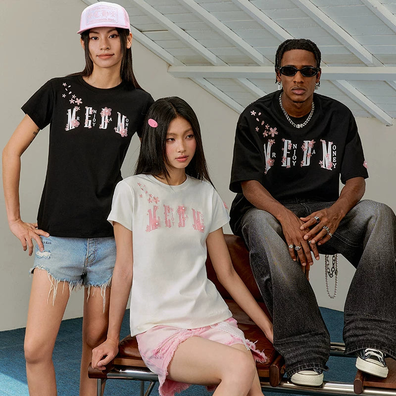 MEDM26SS cherry blossom shoulder over short sleeved men's loose five quarter sleeve summer casual T-shirt couple pullover top women