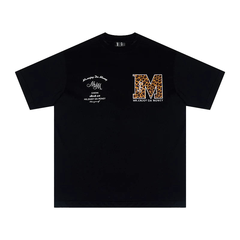 MEDM trendy leopard print snake print patchwork embroidery American hip-hop short sleeved T-shirt for men's summer loose half sleeved base shirt