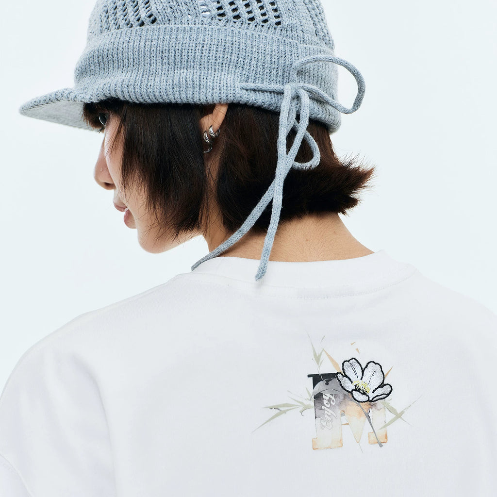 MEDM Ink Flower Embroidery Letter Printing Casual Round Neck T-shirt Chinese Style Commuter Loose Round Neck Couple Short Sleeve