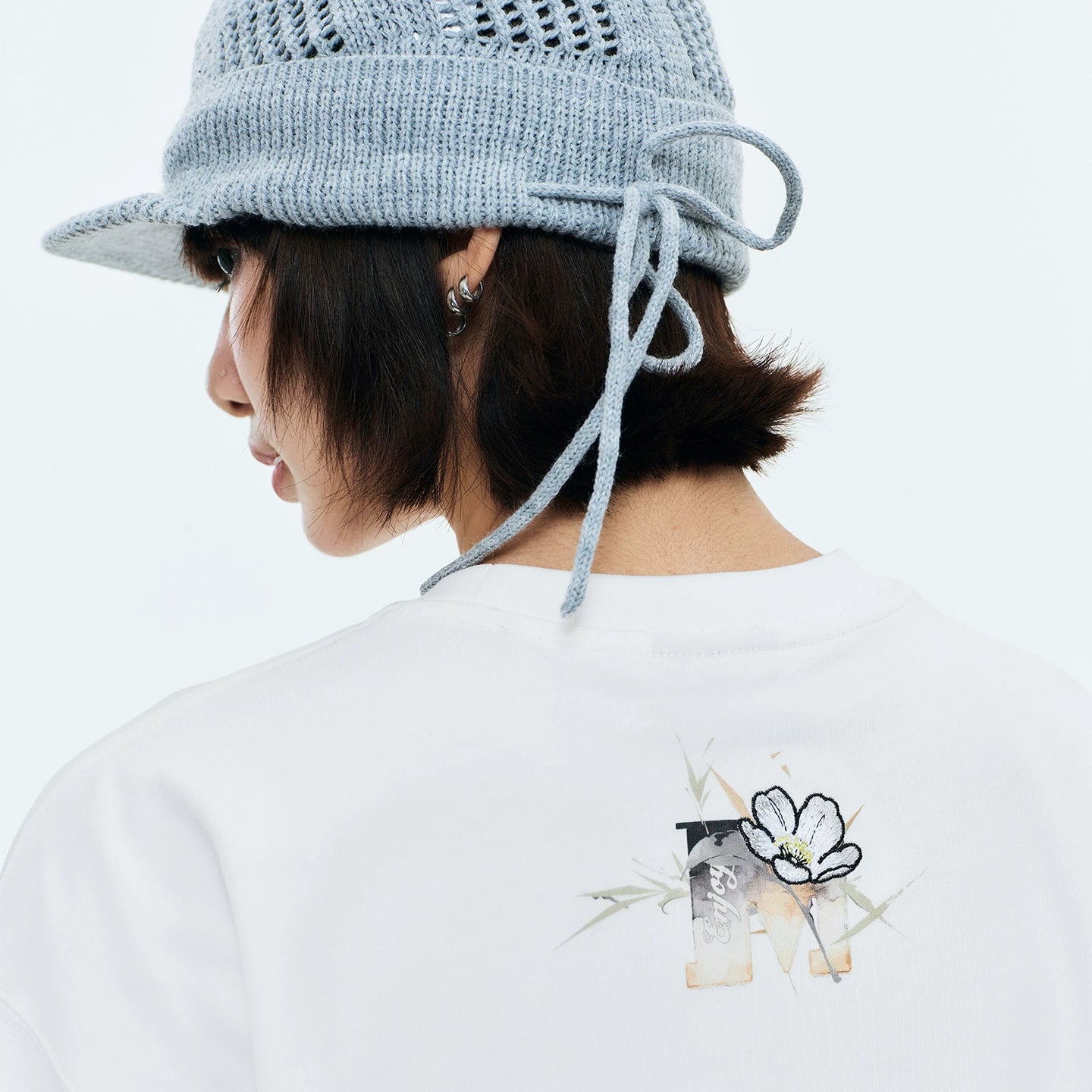 MEDM Ink Flower Embroidery Letter Printing Casual Round Neck T-shirt Chinese Style Commuter Loose Round Neck Couple Short Sleeve
