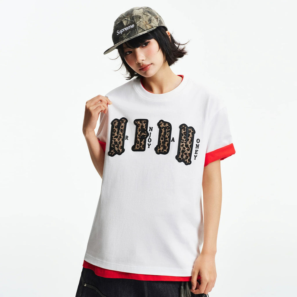 MEDM double-layer leather leopard print patch logo, four character casual round neck short sleeved shirt on the chest, summer new loose couple T-shirt