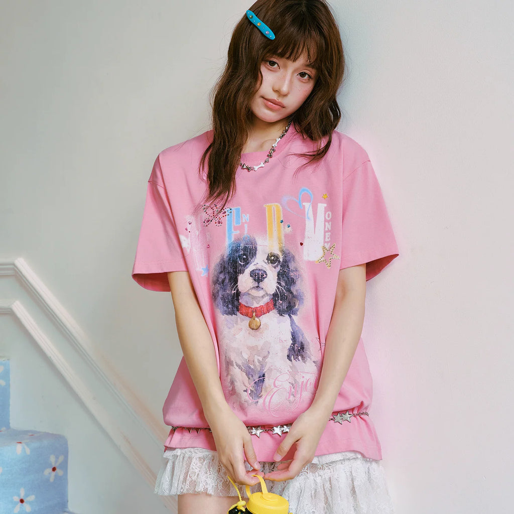 MEDM color rhinestone washed puppy print casual round neck short sleeved American retro heavy-duty loose T-shirt
