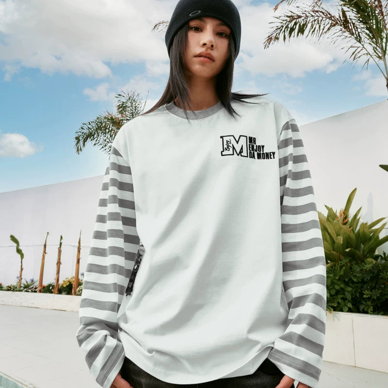 MEDM American retro long sleeved T-shirt with contrasting collar, trendy top for both men and women, loose T-shirt for spring 2025, new T-shirt for youth and fashion, spliced T-shirt