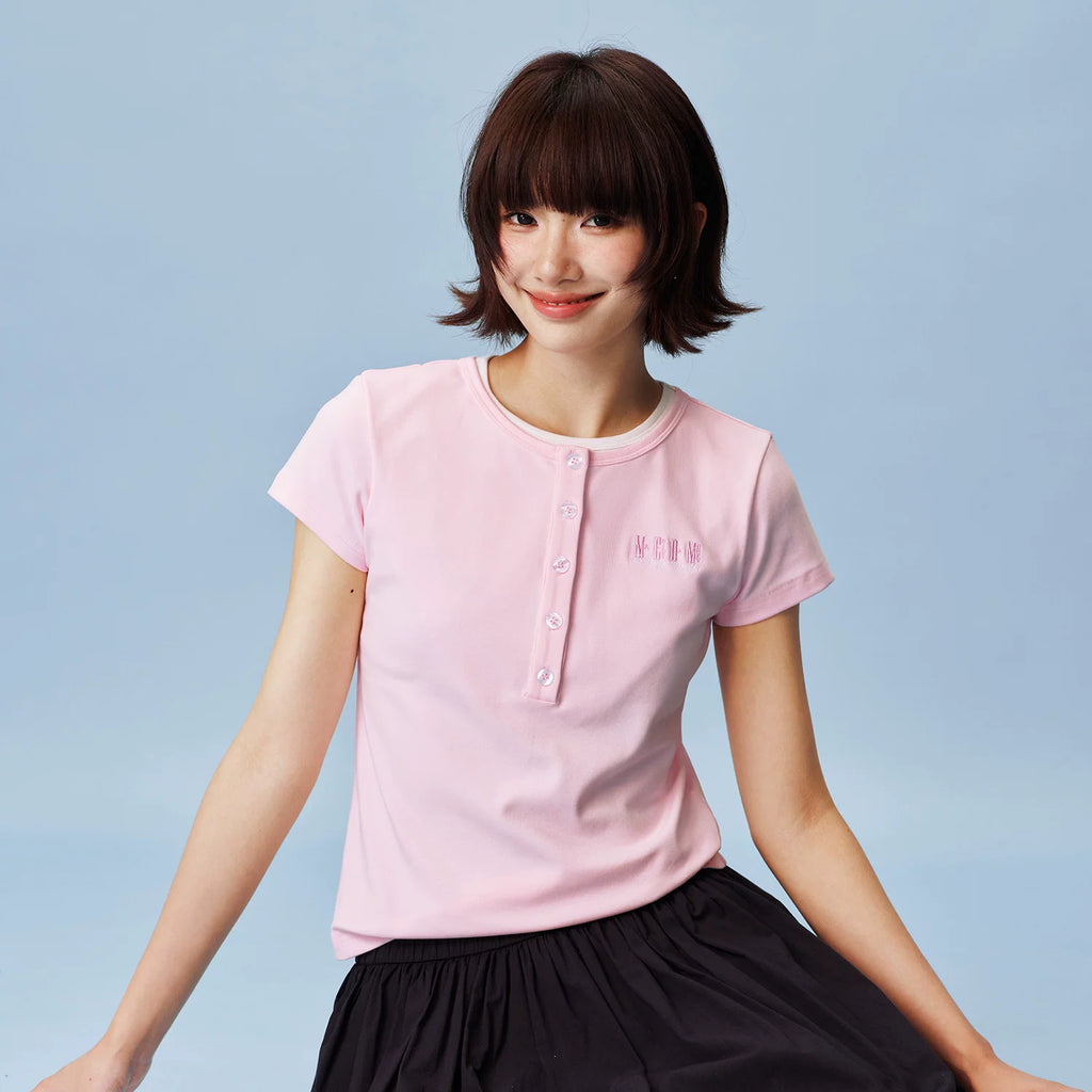 MEDM fake two Henry collar embroidered logo loose casual short sleeved slimming breathable versatile loose T-shirt for women