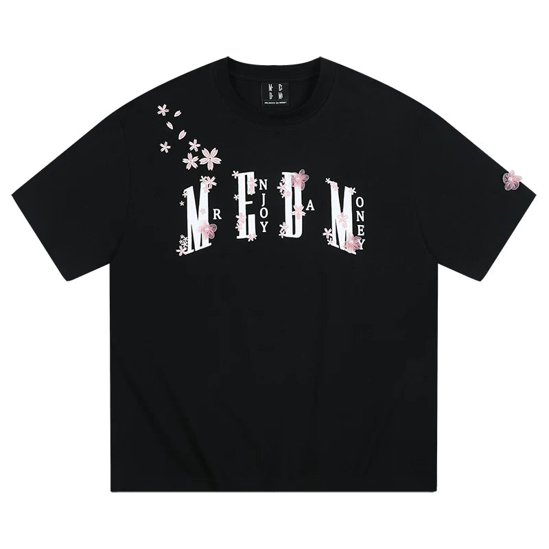 MEDM26SS cherry blossom shoulder over short sleeved men's loose five quarter sleeve summer casual T-shirt couple pullover top women