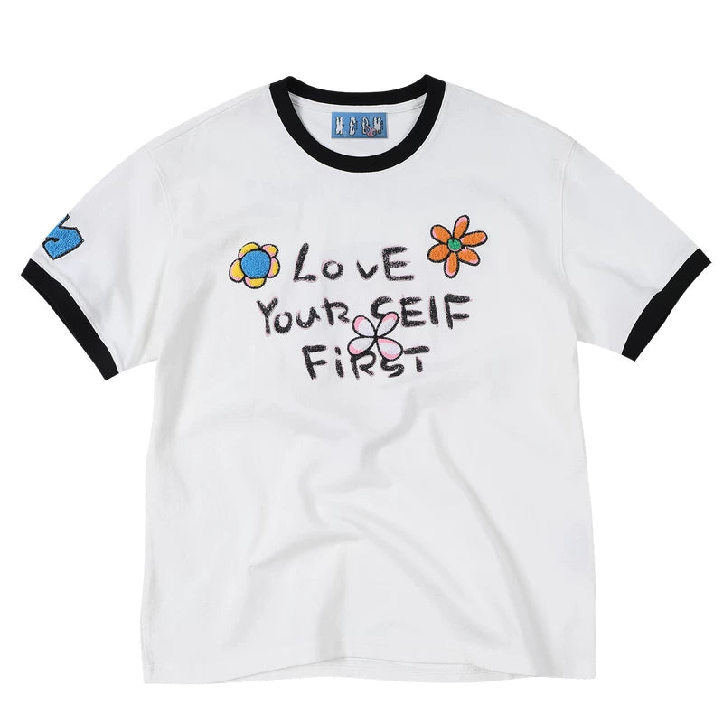 MEDM × YUY Jade Collaboration - Embrace Love Slogan Printed Color Contrasting Collar Cuffs Casual Round Neck Short Sleeve T-shirt
