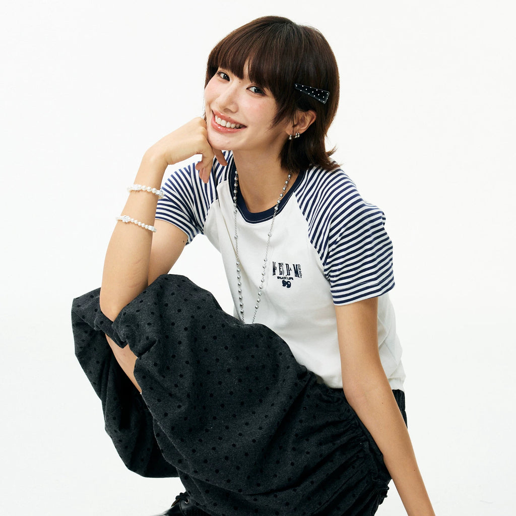 MEDM Basic Stripe Splicing Shoulder Sleeve Casual T-shirt Summer American Retro Logo Embroidered Loose Short Sleeve for Women