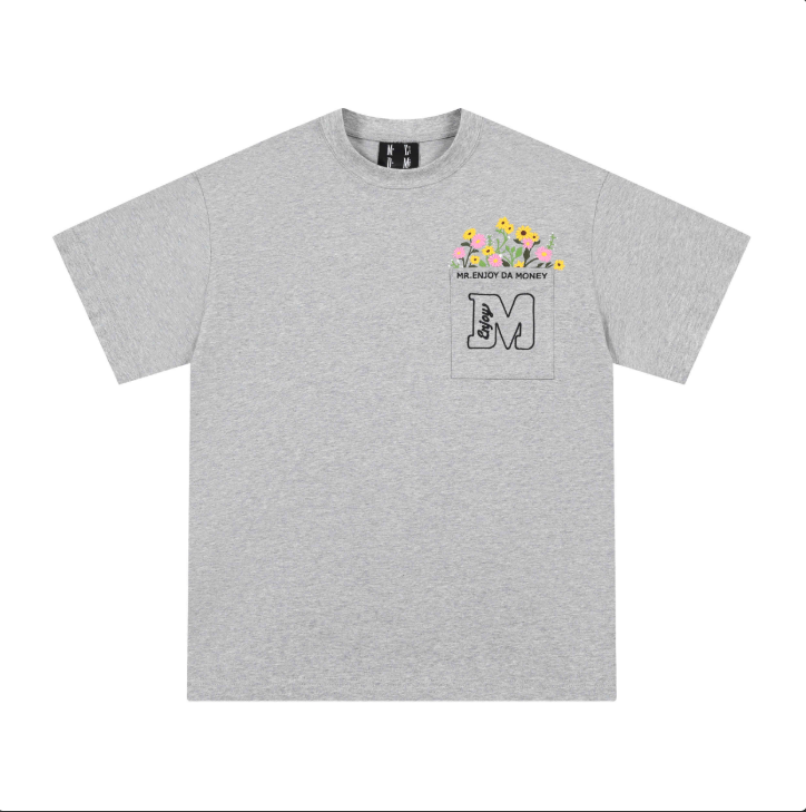 MEDM Pocket Flower Blossoms Short Sleeve T-shirt Men's Summer Loose Couple Top Round Neck Half Sleeve Trendy Casual