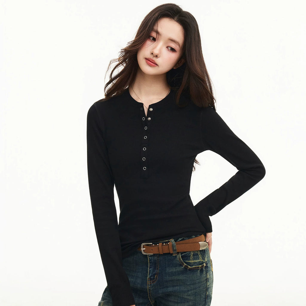 MEDM minimalist design woven label slim fit Henry shirt T-shirt for women, thin and high-end, slimming and versatile casual top for spring