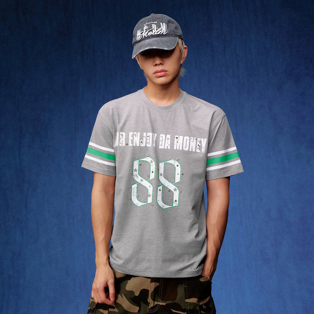 MEDM star studded bead contrasting striped quick drying casual retro jersey loose antibacterial short sleeved T-shirt for men and women