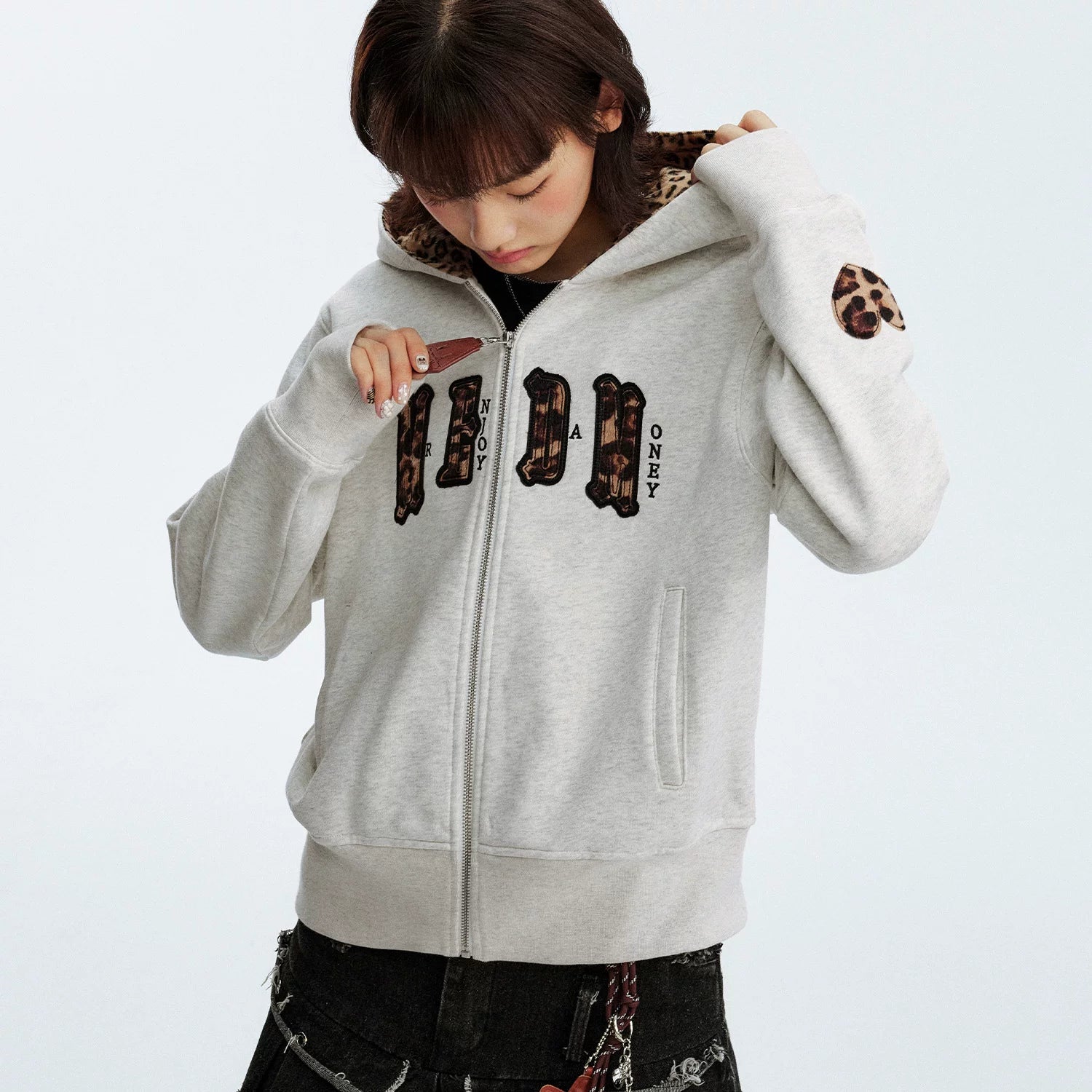 MEDM leopard print hat with leather lining, casual zipper hoodie, American couple casual cardigan, hooded and fleece hoodie, autumn