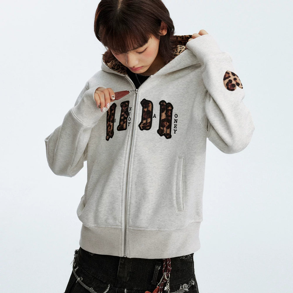 MEDM leopard print hat with leather lining, casual zipper hoodie, American couple casual cardigan, hooded and fleece hoodie, autumn