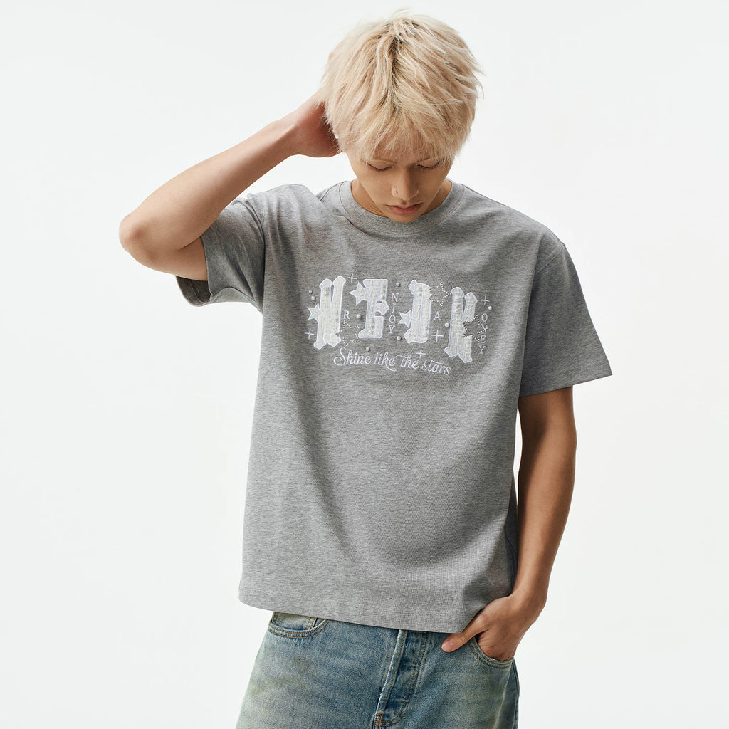 MEDM Little Fragrance Patch Logo Star Pearl Nail Embroidery Casual Short Sleeve Loose Round Neck Couple T-shirt Summer