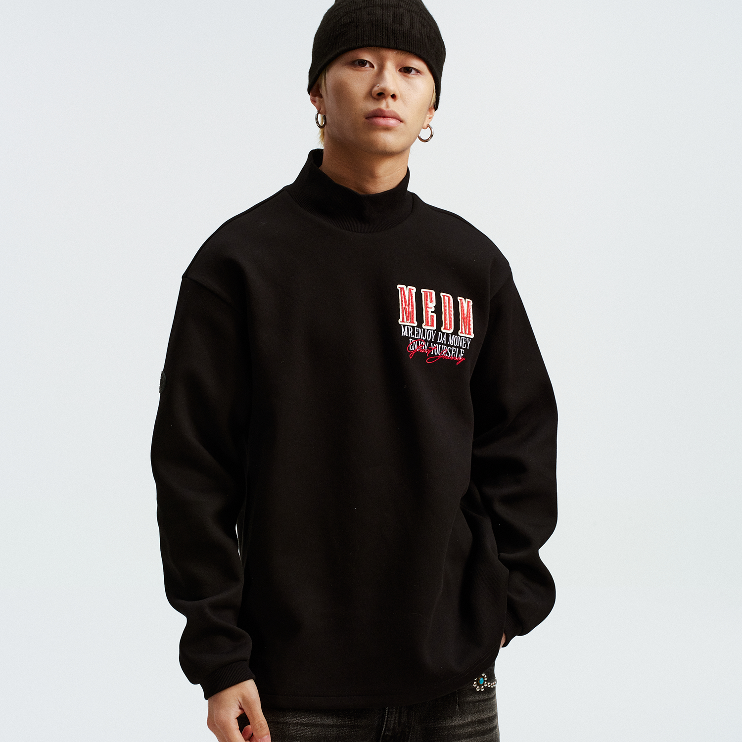 MEDM stand up collar double-layer patchwork logo casual half high collar sweatshirt American versatile men's and women's versatile loose top