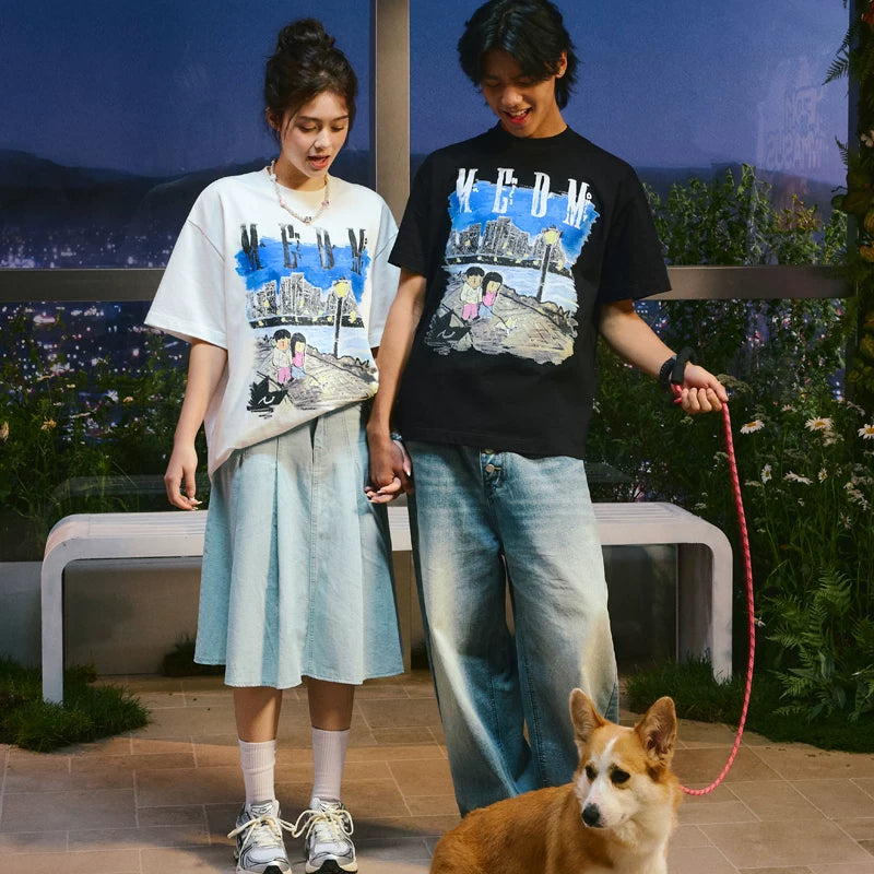 MEDMxNewsus collaboration night stroll short sleeved T-shirt for men and women, American high street round neck loose couple T-shirt