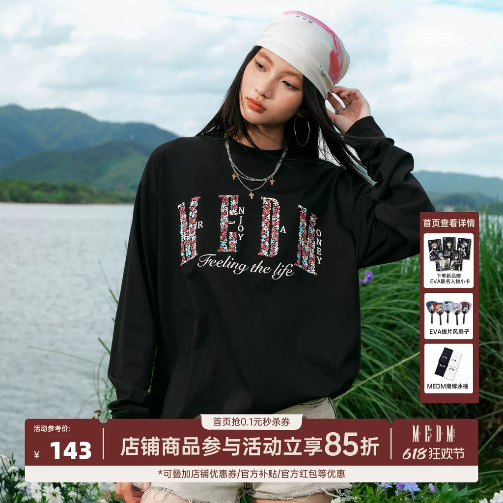 MEDM small flower embroidered logo round neck casual long sleeved T-shirt American simple and versatile couple loose top for autumn and winter