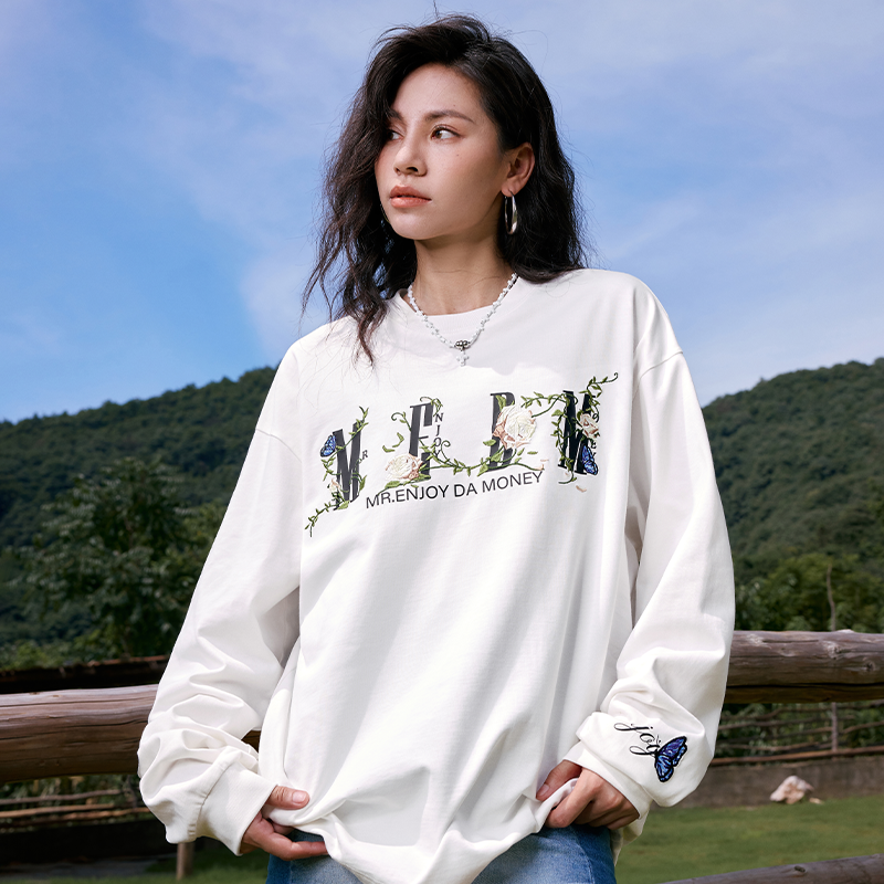 MEDM26SS Vine Origami Camellia Long Sleeve T-shirt for Men and Women Spring and Autumn Base Shirt, T-shirt, Loose Top Clothes