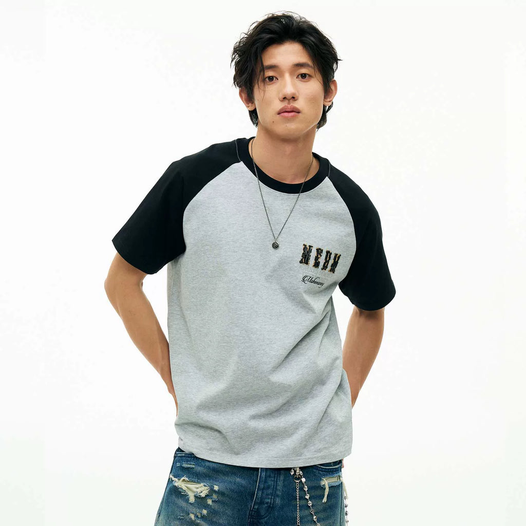 MEDM 冚 Car line raglan sleeves leopard print leather casual short sleeves American retro contrasting shoulder loose men's and women's T-shirts