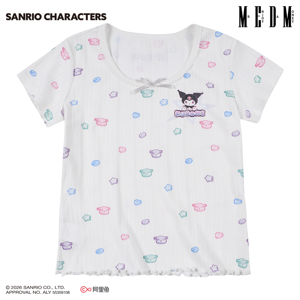 MEDM × Sanrio Family Series Small Fragrant Style Candy Printed Knitted Short Sleeve Cute Sweet Girl Casual T-shirt for Women