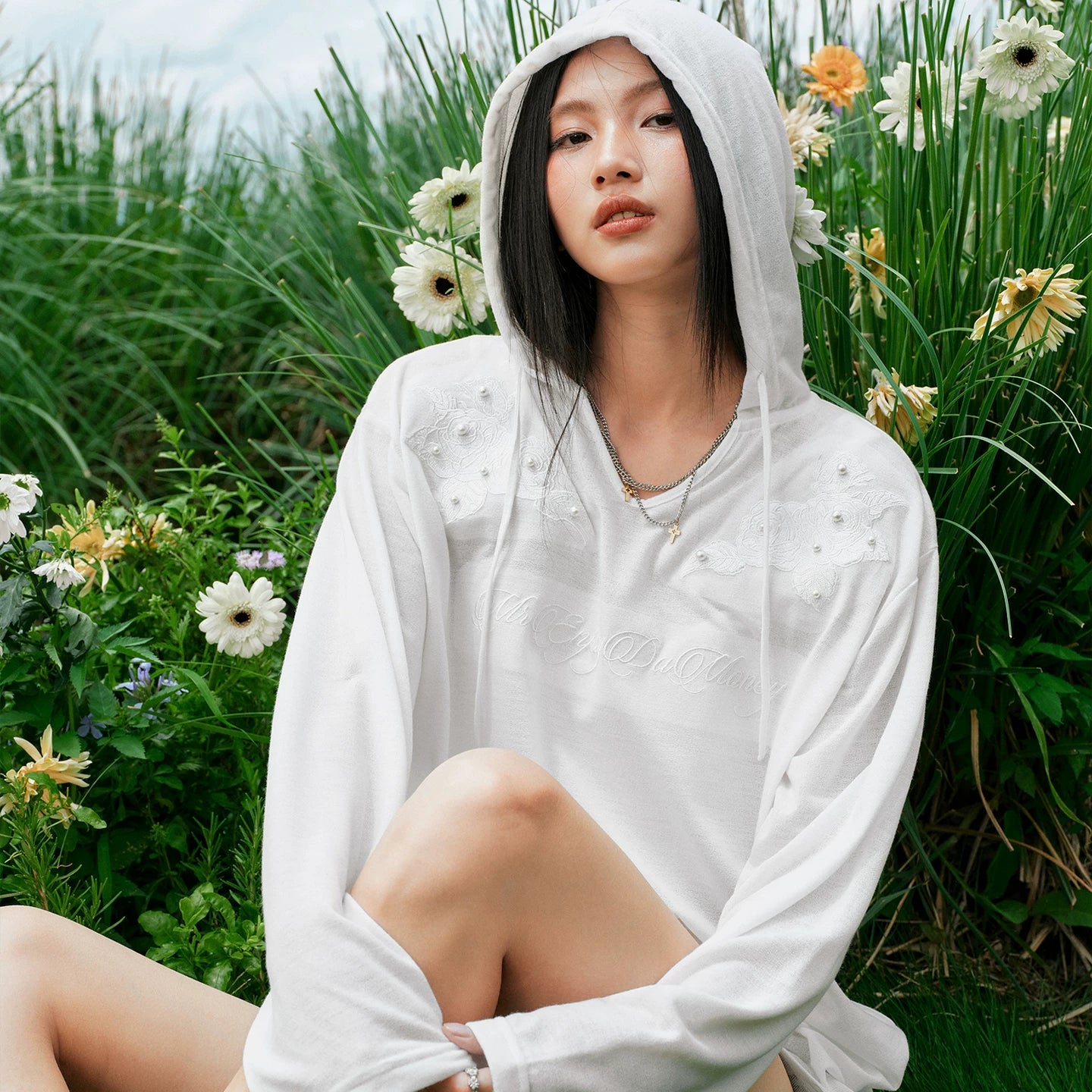 MEDM Hoodie Shoulders Dark Flower Nail Bead Long Sleeve T-shirt Commuter Thin Solid Color Simple Casual Top Autumn