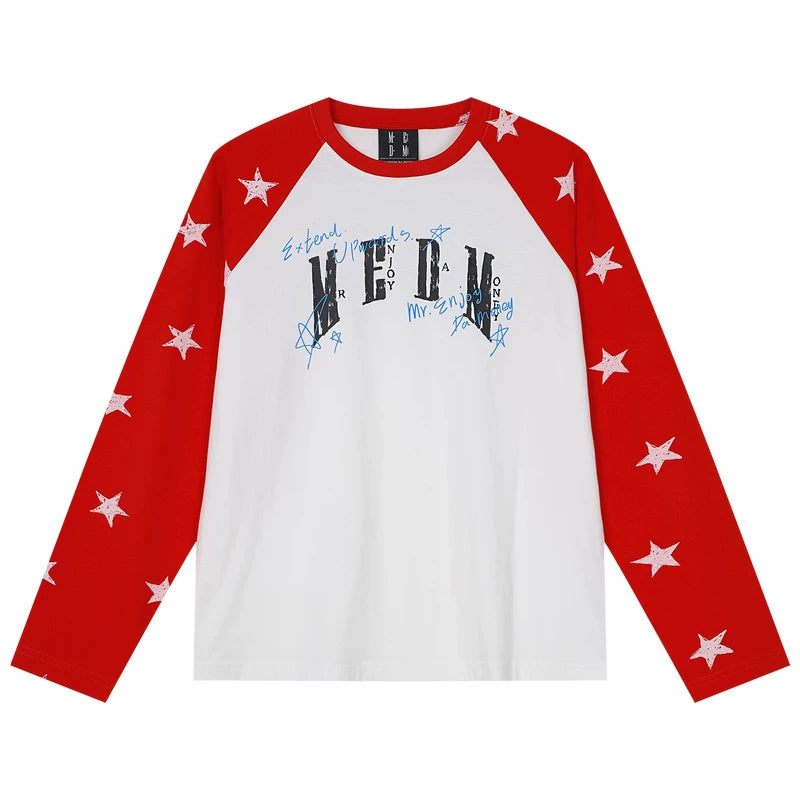 MEDM Handwritten Graffiti Printed Stars Full Print Casual Shoulder Long Sleeve T-shirt Trendy Unisex Loose Top