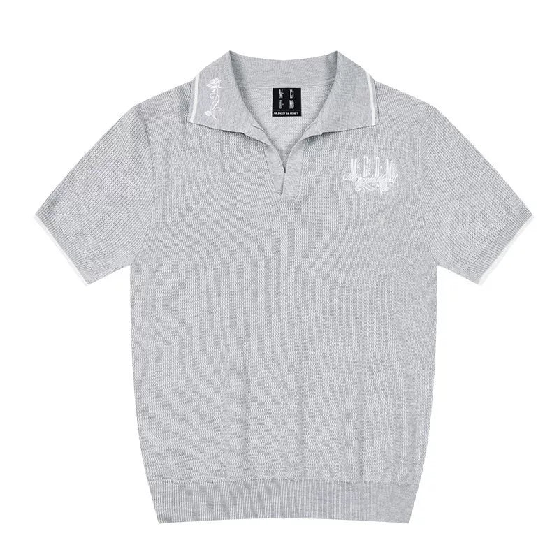 MEDM Multi Color Blended V-neck Loose POLO Sweater Short Sleeve Collar Embroidered Rose Versatile Simple Casual T-shirt Summer